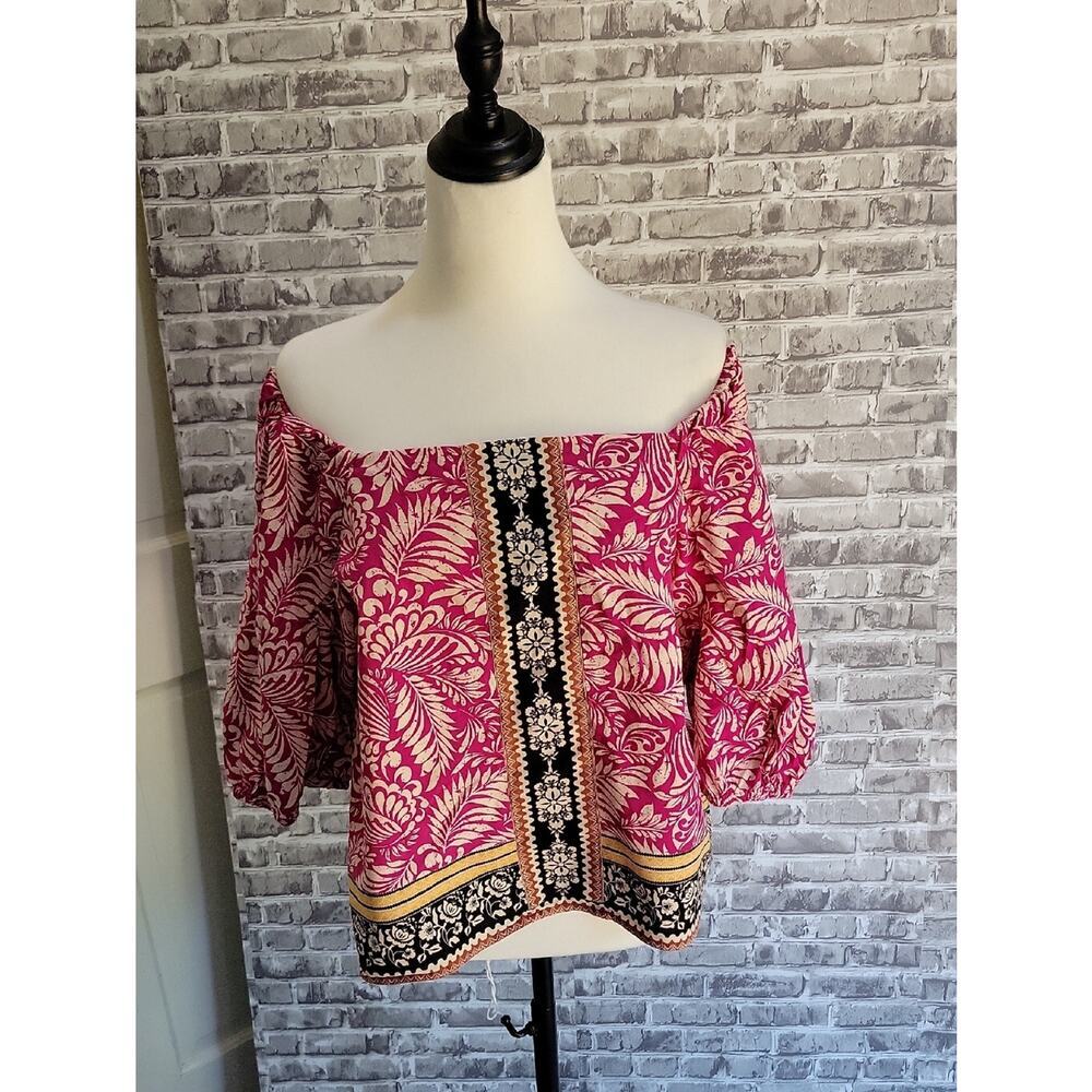 LOFT Fuchsia Floral Boho Off-Shoulder Cropped Tunic with Border Trim Sz L